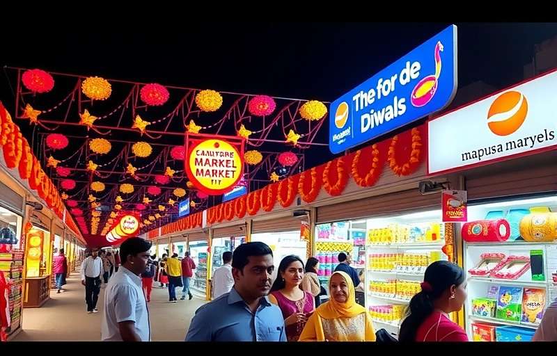 Mapusa Marvels Festival Market Event Mapusa Marvels Diwali market event showing vibrant decorations, lights and customers shopping for festival items